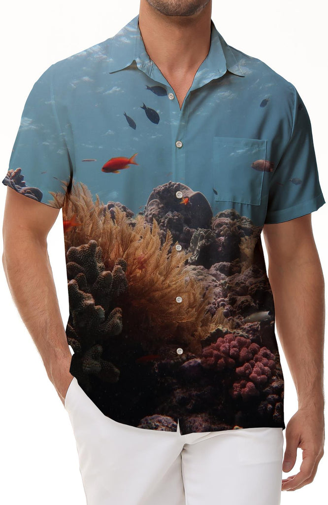 Undersea Tropical Fish Print Men's Short Sleeve Button Shirt Casual Loose Summer Beach Shirt Short Sleeve
