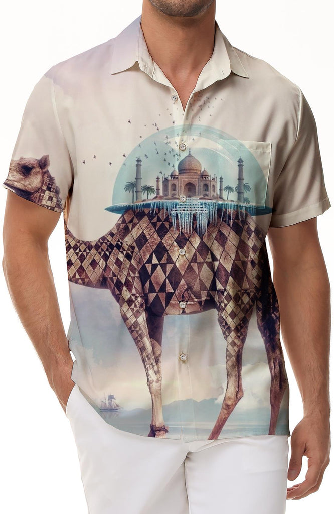 Camel Print Pattern Men's Daily Travel Casual Short Sleeve Shirt Hawaiian Button Lapel Pockets Abstract