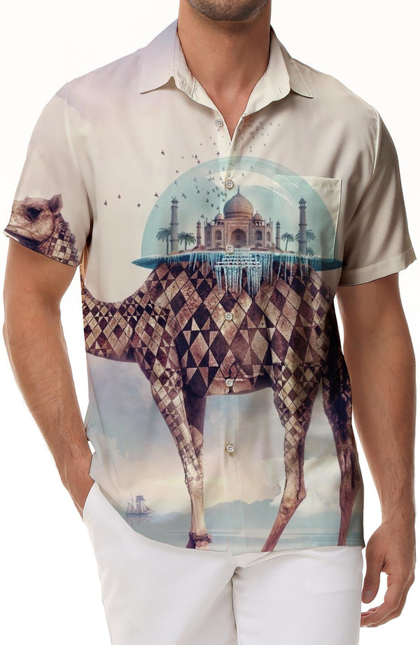 Camel Print Pattern Men's Daily Travel Casual Short Sleeve Shirt Hawaiian Button Lapel Pockets Abstract