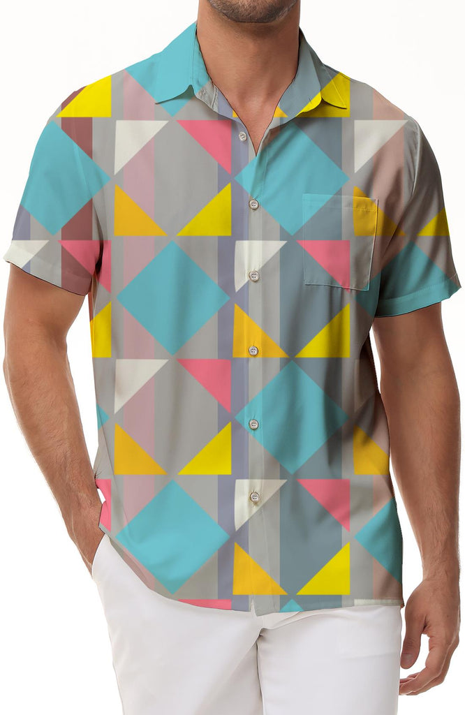 Colorful geometric fashion cool casual men's button-down lapel pocket four seasons Hawaiian shirt short sleeves