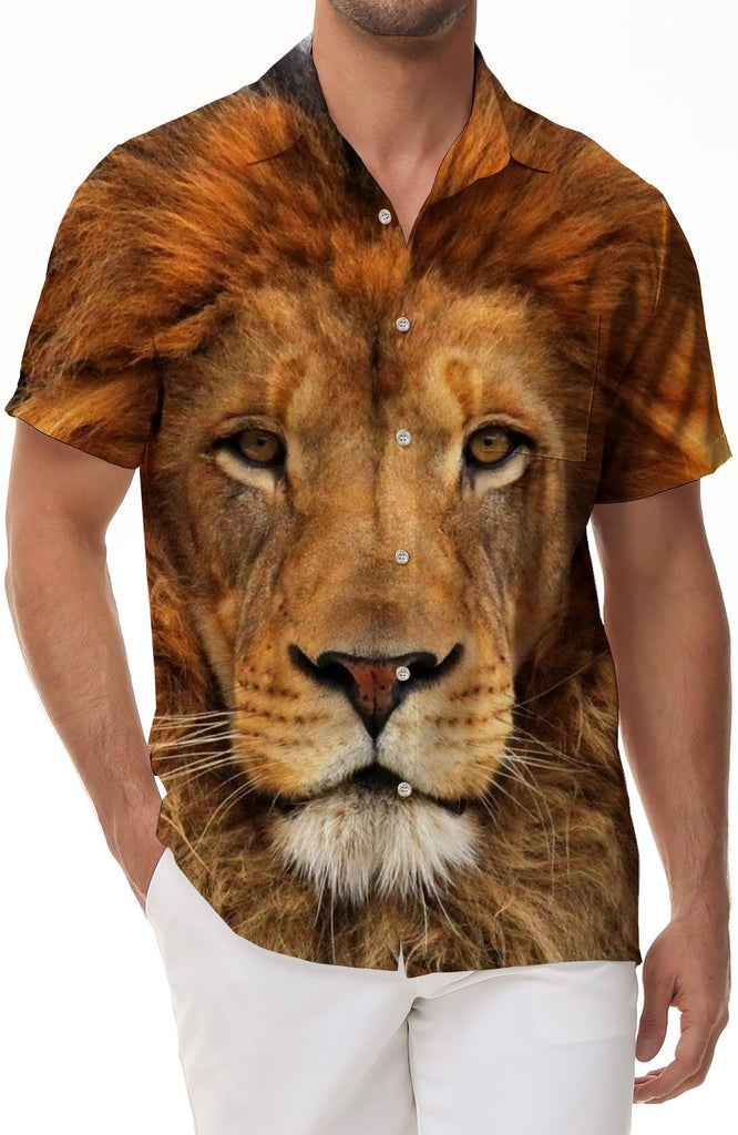 Tropical casual everyday lion print pattern men's short sleeve shirt abstract fun Hawaiian clothing
