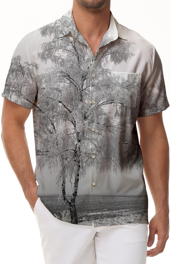 Cold and hot landscape men's lapel short-sleeved shirt pocket fashion Hawaiian tropical daily simple short-sleeved shirt