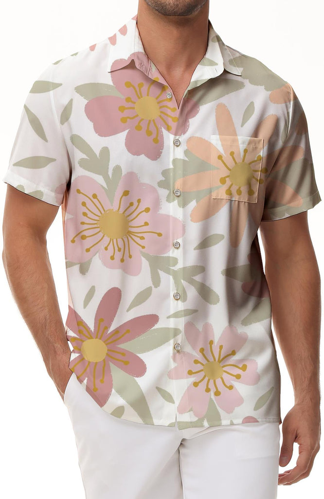 Flower Print Tropical Beach Hawaiian Shirt Men's Casual Loose Short Sleeve Shirt Fashion Button Tie