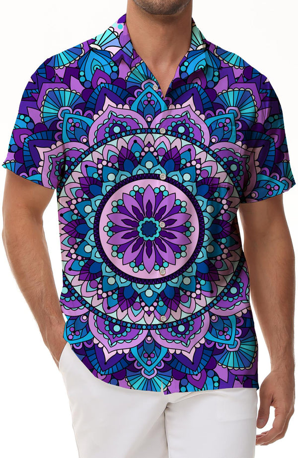 Indian floral pattern beach Hawaii tropical four seasons button lapel men's casual loose seaside short sleeve