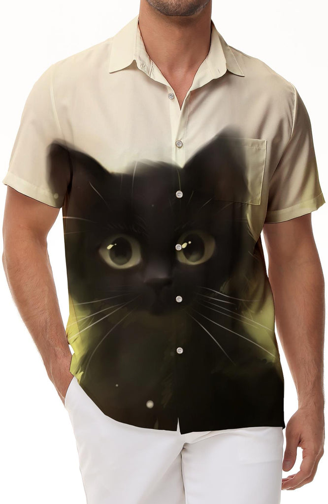 Black Cat Men's Vintage Shirt Animal Cat Print Short Sleeve Shirt Summer Regular Button Casual Beach Shirt Tops