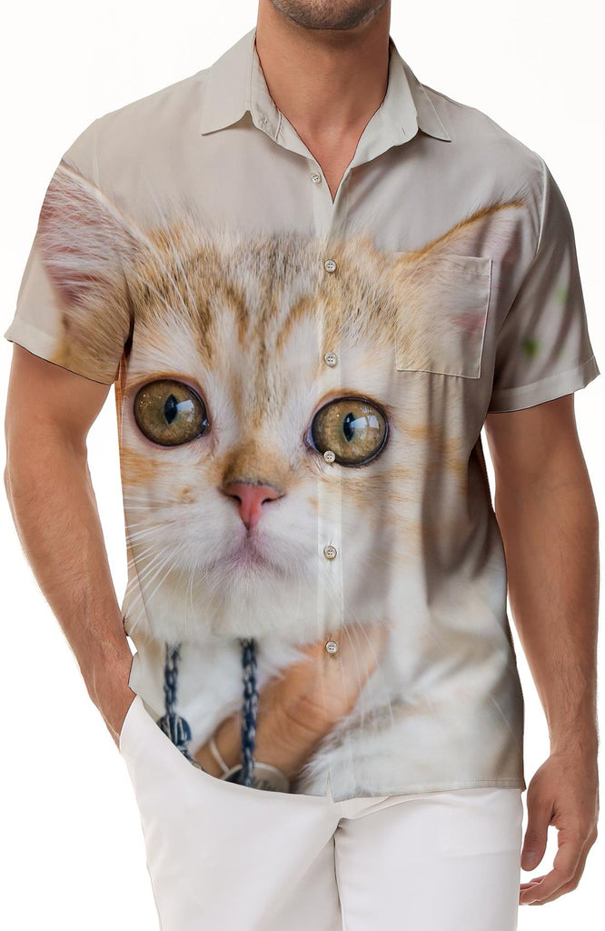 Funny Kitten Animal Cat Mens Hawaiian Shirt Short Sleeve Button Shirt Tops For Casual Beach Vacation