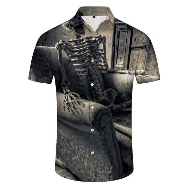 
Hip Hop Skull Pattern Loose Men Street Fashion Casual Retro Skull 3D Printed Summer Lapel Top Hawaiian Button Down
                