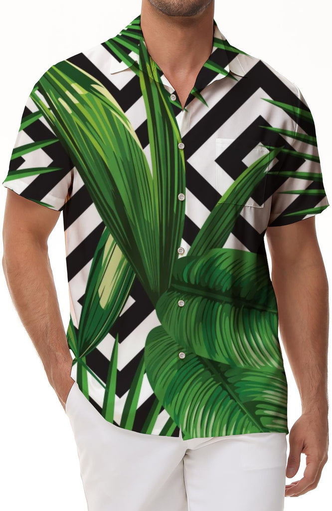 Tropical Leaves Print Casual Summer Men's Button Shirt Short Sleeve Style Tops Hawaiian Seaside Shirt
