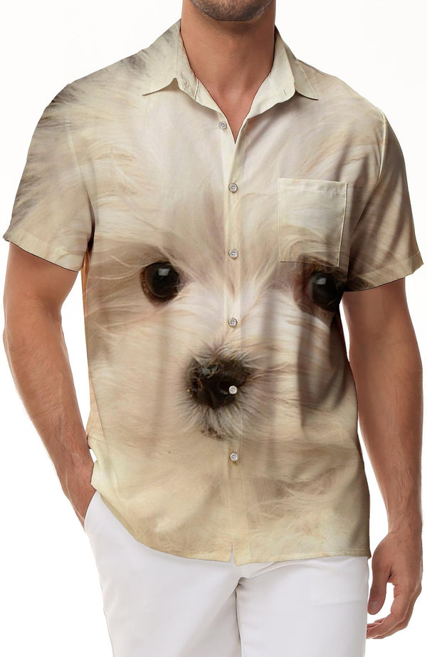 White Animal Puppy Cute Button Beach Shirt Men's Casual Loose Vacation Beach Seaside Party Hawaiian Shirt