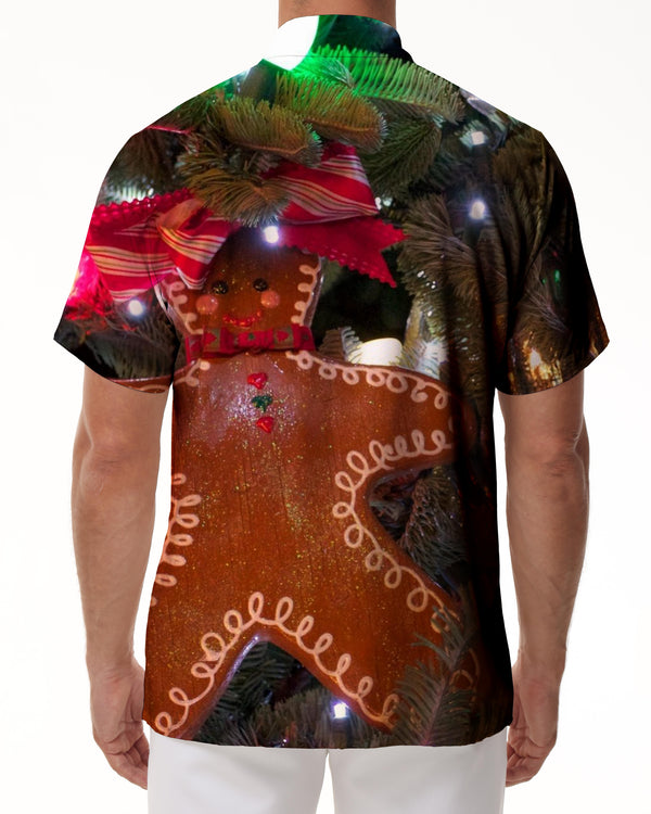 
Smiling gingerbread print casual summer men's button-down shirt short sleeve Cuban top Hawaii beach fun
                