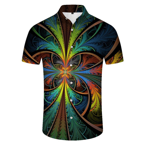 
Abstract fantasy geometric pattern painting casual men's mysterious totem short-sleeved shirt psychedelic color 3D printing button shirt tie-dye
                