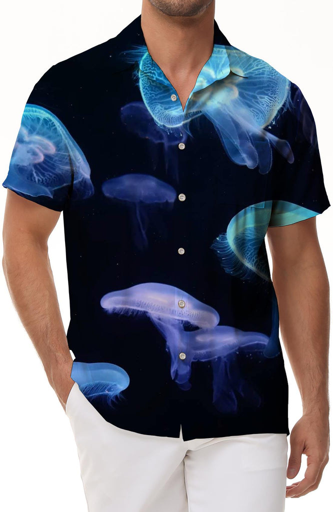 Colorful Luminous Jellyfish Tropical Digital Print Hawaiian Button Lapel Pocket Men's Casual Daily Vacation Seaside Beach Shirt Short Sleeve