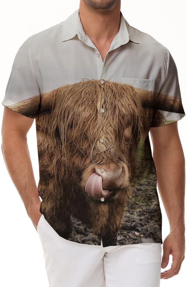 Scottish Highland Highland Cow Men's Shirt Short Sleeve Hawaiian Shirt Beach Casual Work Shirt Tops