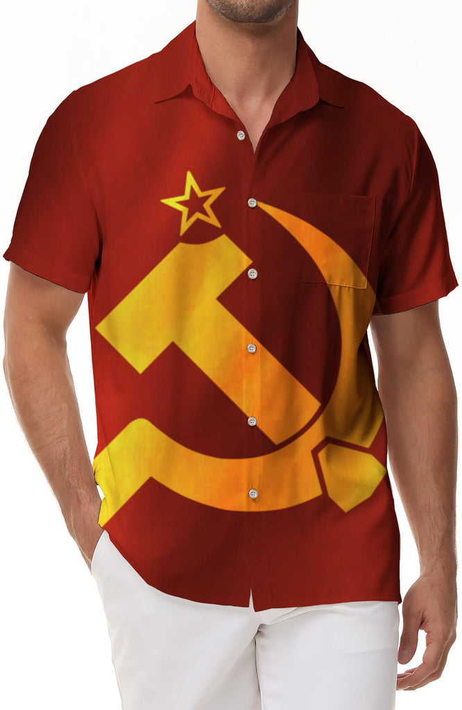 Soviet Union Flag Hammer of the Soviet Union Men's Short Sleeve Shirt Hawaiian Print Casual Button-Down Shirt