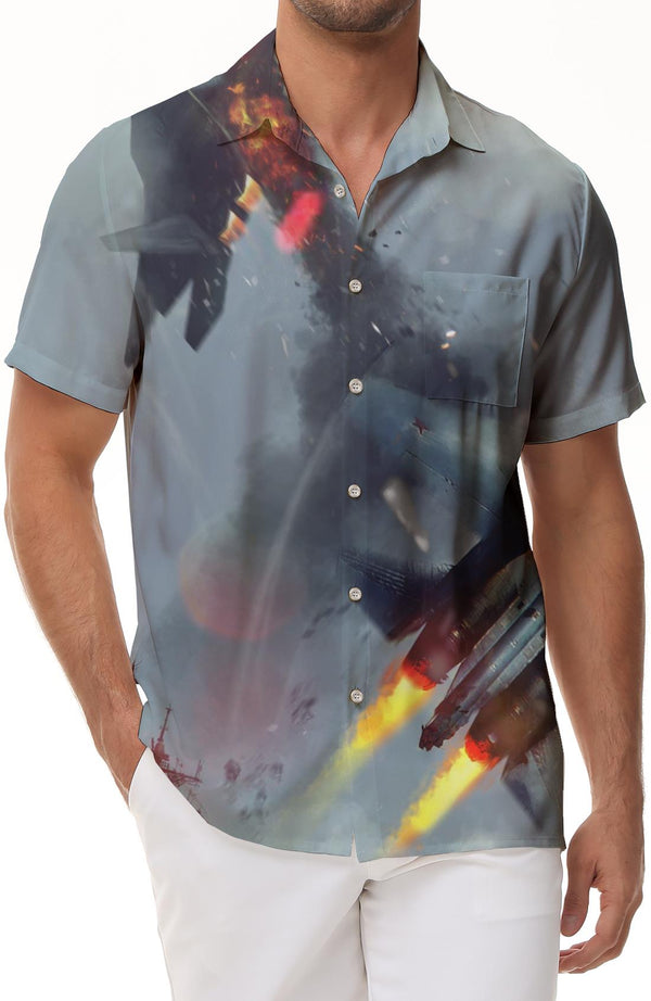Crashed Fighter Men's Hawaiian Shirt Airplane Short Sleeve Lapel Pocket Pocket Summer Shirt Beach Casual Trendy Bonfire Party