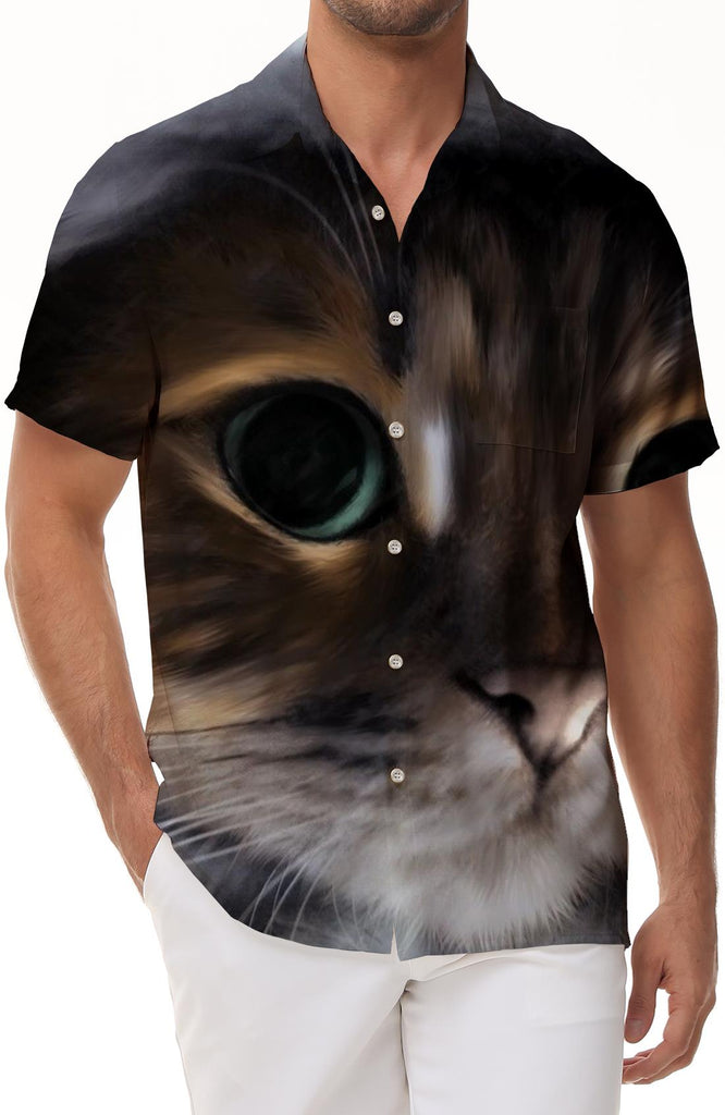 Funny Men's Animal Cat Print Short Sleeve 3D Art Print Short Sleeve Fashion Lapel Shirt Party Tops Summer Casual Clothing