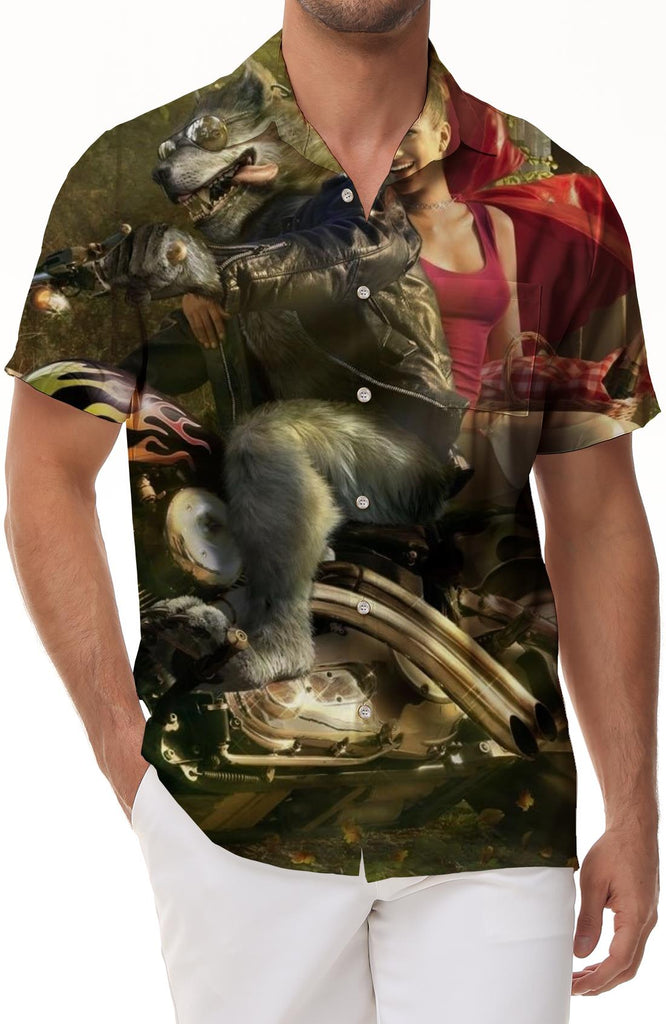 Wolf and Beauty Deep Forest Freedom Motorcycle Hawaiian Tropical Button Short Sleeve Shirt 3D Digital Printing Men's Casual Loose Daily Street Short Sleeve Shirt