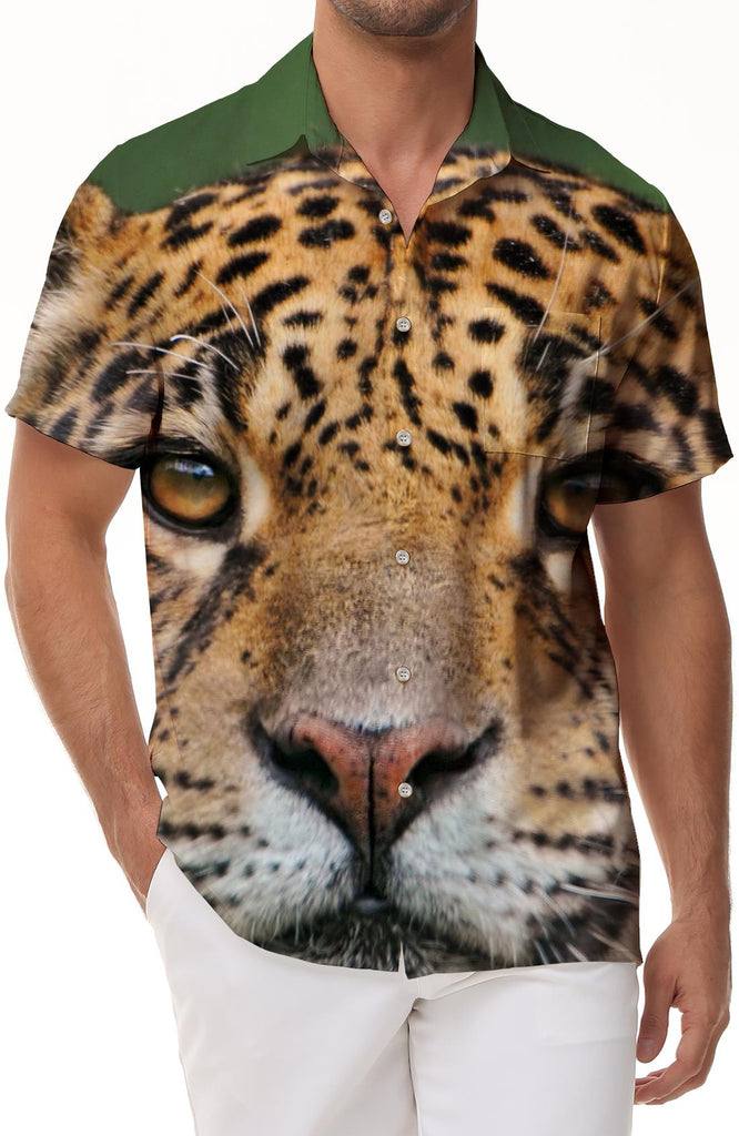Angry and cute leopard print men's loose short sleeve regular style breathable Hawaiian button pocket tops beach clothing