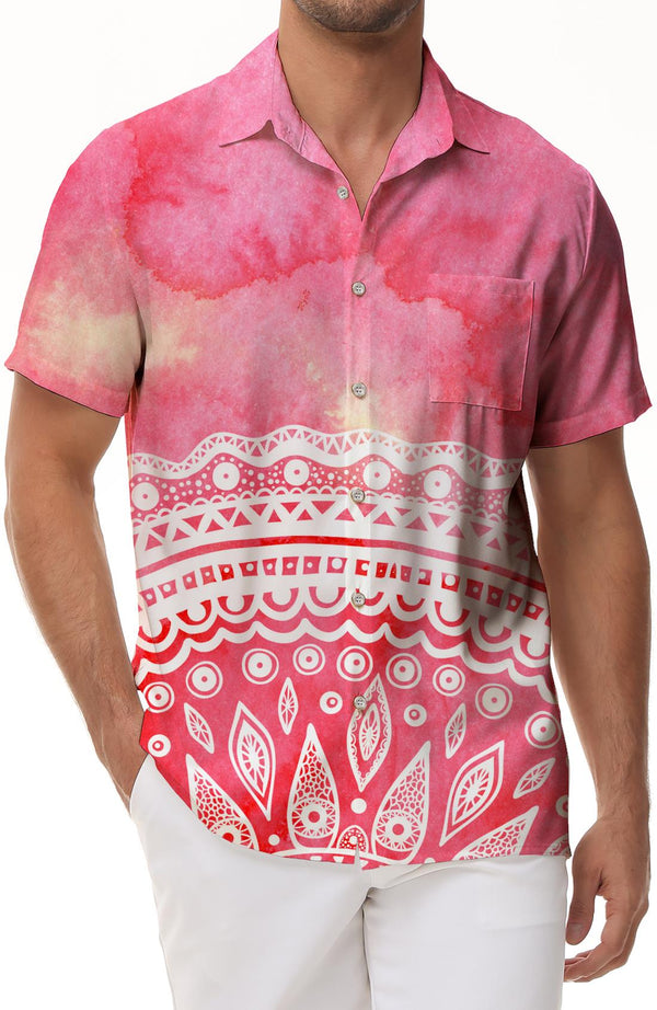 Pink Colored Men's Casual Summer Tops Fashion Men's Shirt Tropical Casual Short Sleeve Button Print Beach Shirt