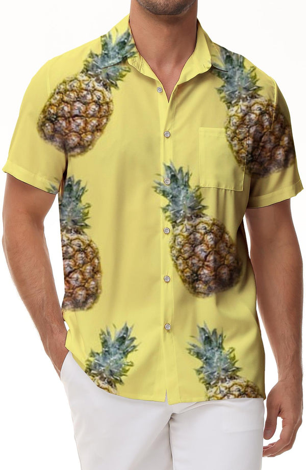 Yellow Pineapple Men's Fashion Hawaiian Shirt Fruit Pattern Print Casual Loose Short Sleeve Button Beach Shirt
