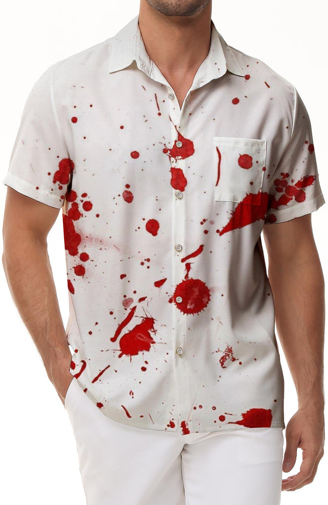 Horror White Blood Stain Shirt Button Men's Fun Festival Top Printed Casual Short Sleeve Hawaiian Costume
