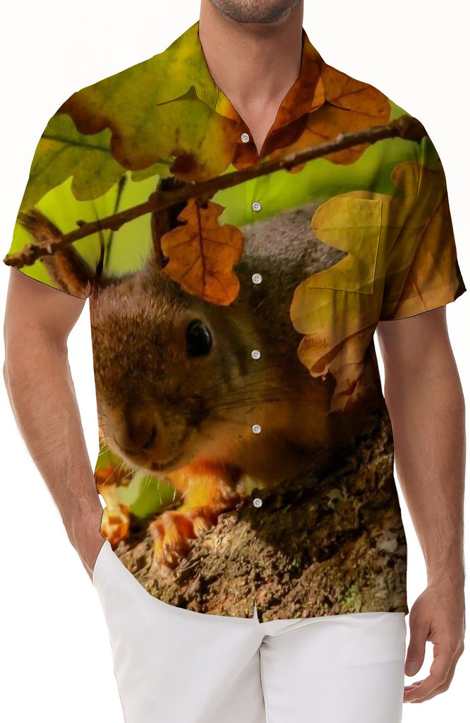 Men's Fashion Hawaiian Funny Animal Short Sleeve Button Shirt Red Squirrel Design Casual Beach Shirt