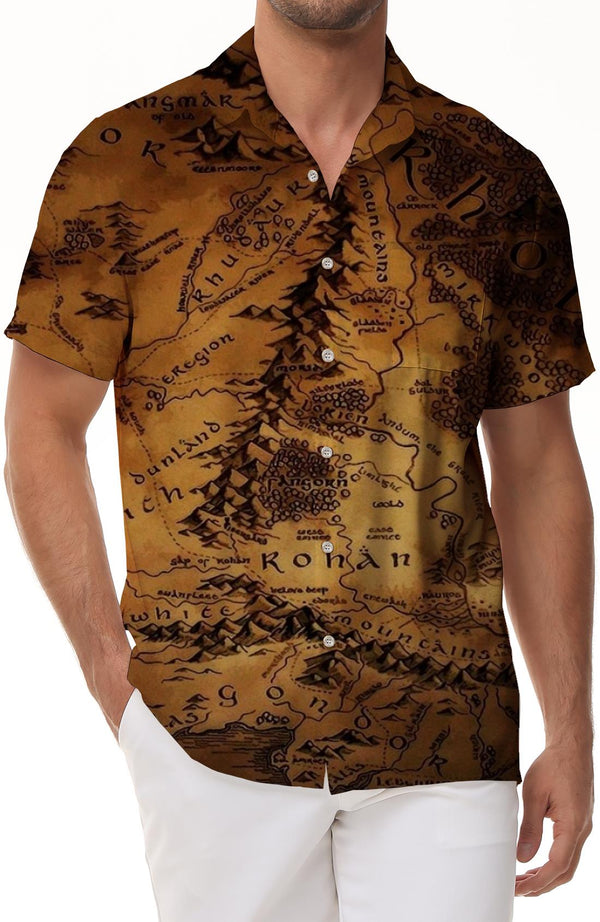 Middle-earth Map Men's Short Sleeve Casual Tropical Button Beach Shirt Hawaiian Button Down
