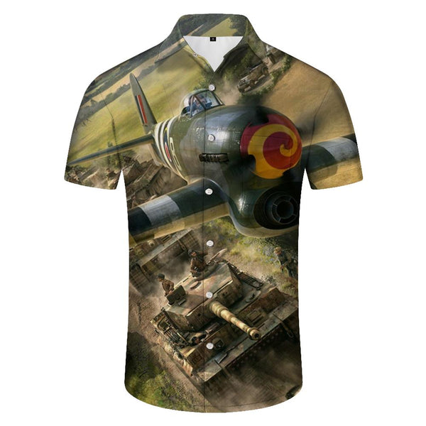 
Four Seasons Century War Men's Short Sleeve Green Airplane Print Shirt New Men's Retro Button Clothes
                