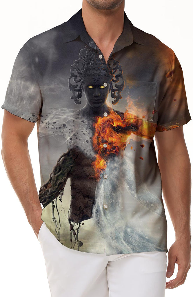 Burning Orange Flame Men's Loose Short Sleeve Shirt 3D Printed Button-Up Beach Seaside Casual Hawaiian Shirt Printed Pattern