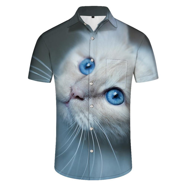 
Elegant White Animal Cat Mens Casual Loose Button-Down Lapel Tropical Summer Hawaiian Top with Pockets
                