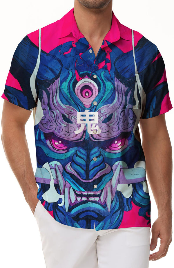Samurai streetwear men's casual printed shirt short sleeve round neck personality trend summer fashion