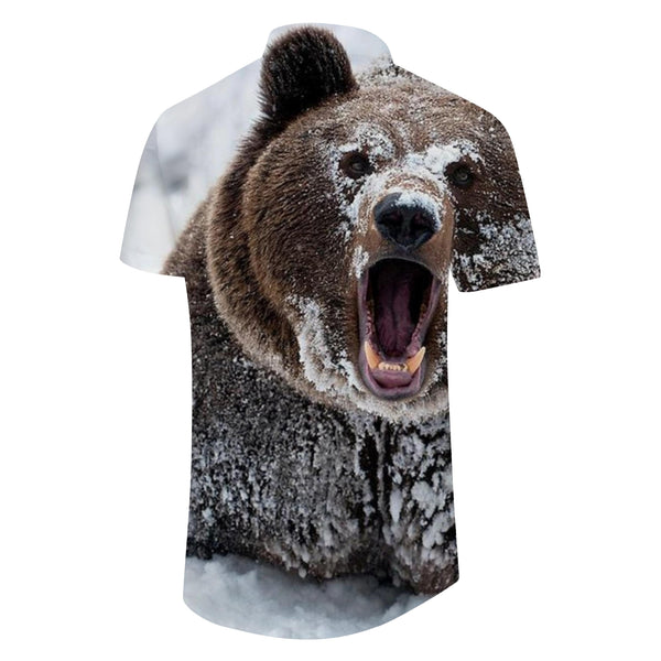 
Casual fun pattern print short sleeve loose men's snow roar brown bear Hawaiian button lapel shirt hip hop
                