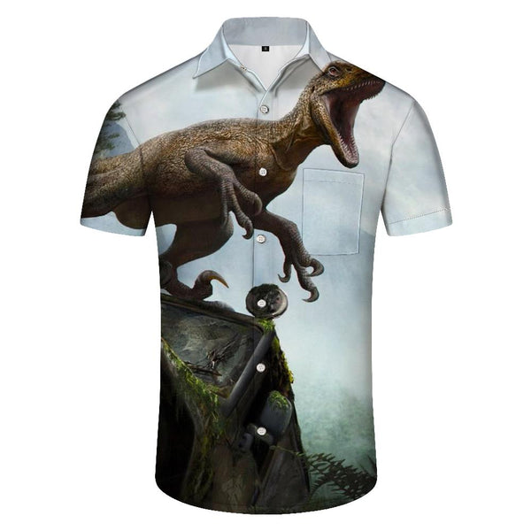 
Surfing dinosaur swing men's short-sleeved daily travel short-sleeved shirt summer Hawaii Haikou lapel button short-sleeved shirt casual
                