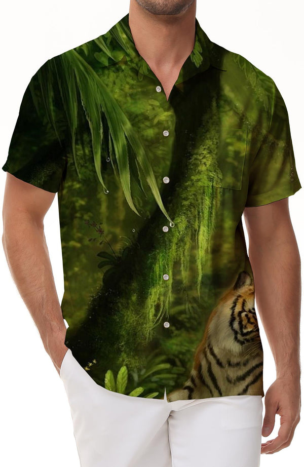 Hawaiian Tropical Regular Fit Ocean Short Sleeve Men's Short Sleeve Button Down Shirt Forest Tiger