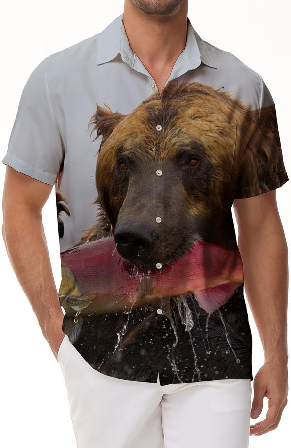 Summer 3D Printed Animal Brown Bear Fishing Fashion Personality Brown Bear Short Sleeve Lapel Men's Short Sleeve Casual Walking