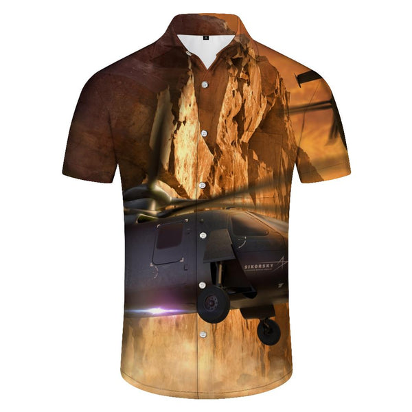 
Wilderness rescue helicopter retro style clothing Hawaiian lapel button-down summer clothing men's outdoor shirt short sleeve
                