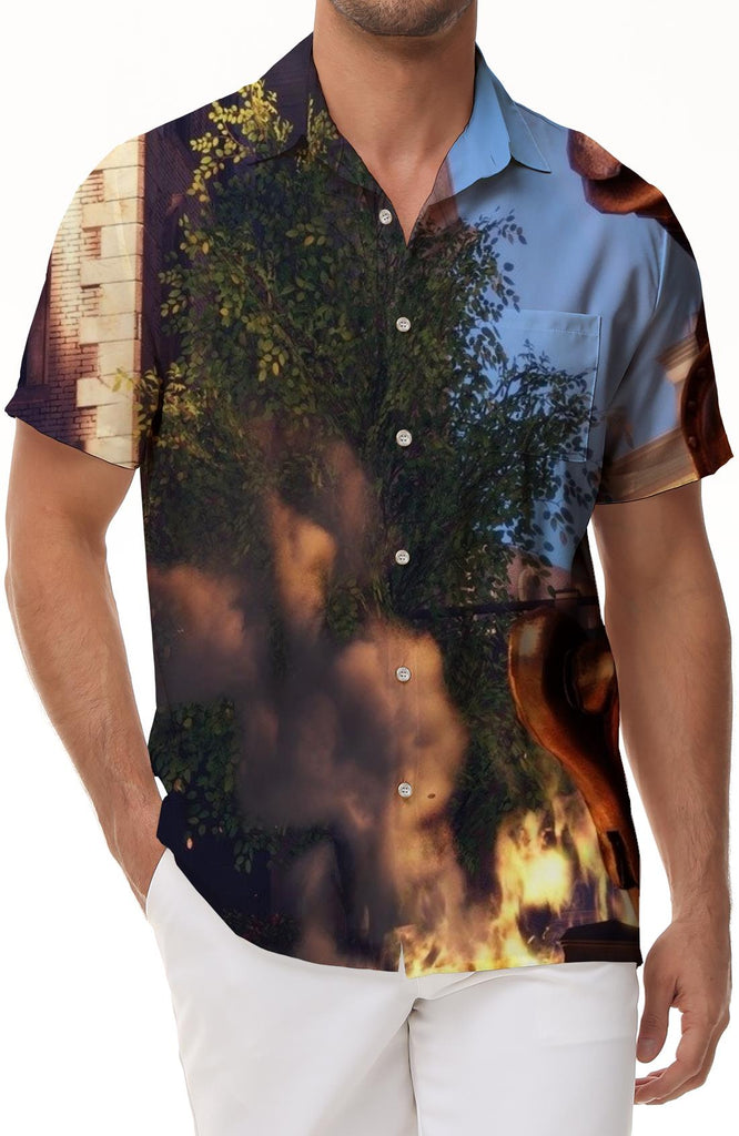 Village building print Hawaiian lining fashion tropical summer clothing mens vintage beachwear