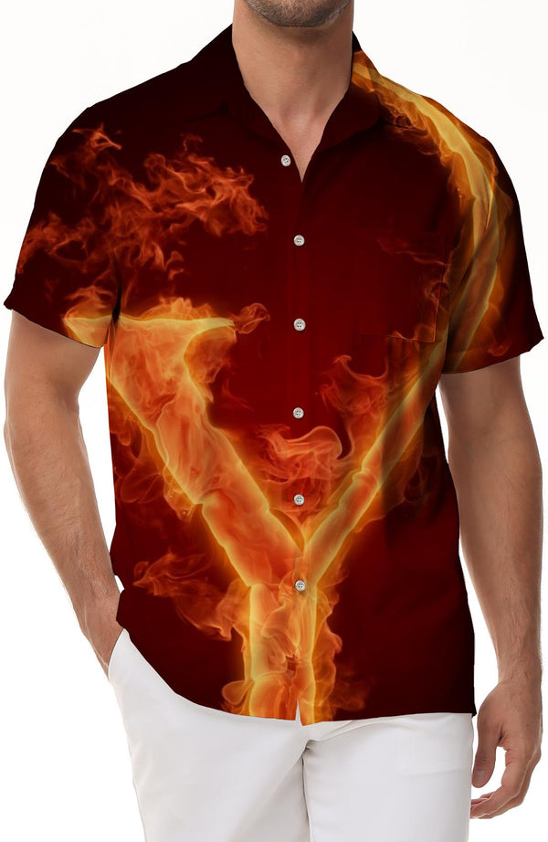 Y English letter Hawaiian button lapel pocket short-sleeved shirt men's casual loose regular short-sleeved shirt daily clothing