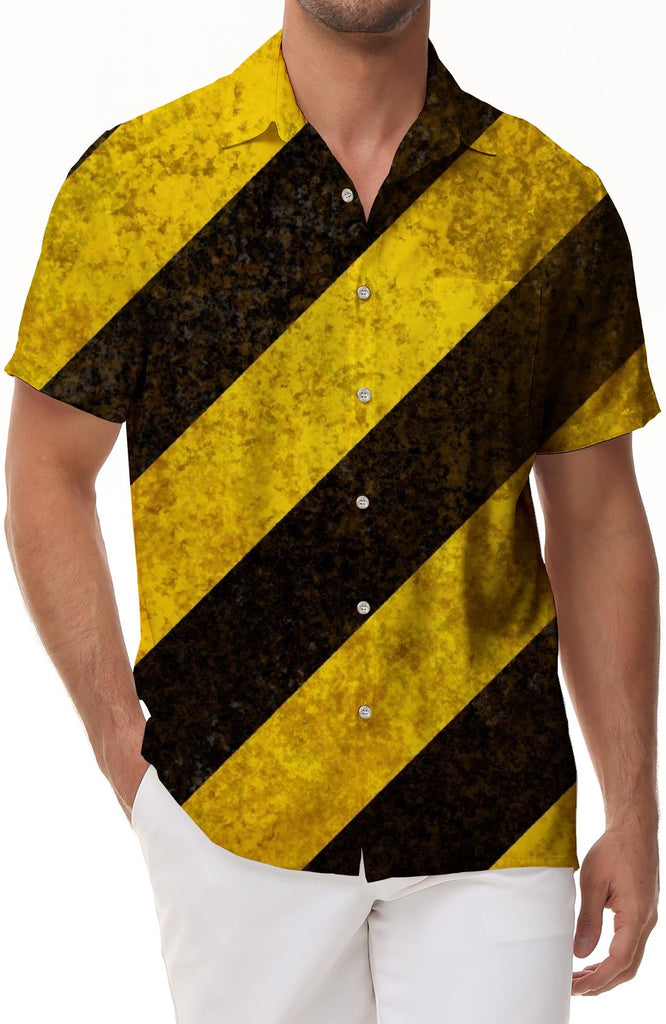 Warning tape tropical Hawaiian pocket collar men's casual short sleeve shirt button collar top beach wear