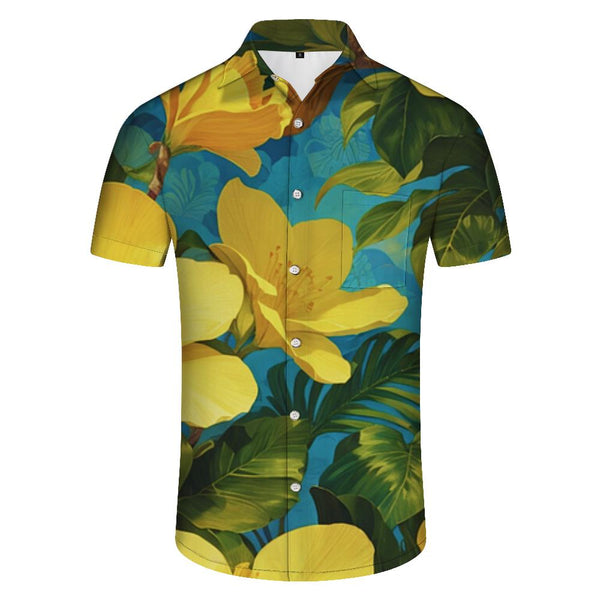 
Yellow flower summer button-down men's Hawaiian shirt short sleeve pocket short sleeve shirt tropical seaside party
                