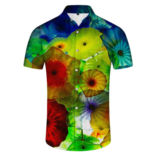 
Plastic lotus leaf rainbow flower print men's Hawaiian shirt button down casual wear for summer beach tropical vacation
                