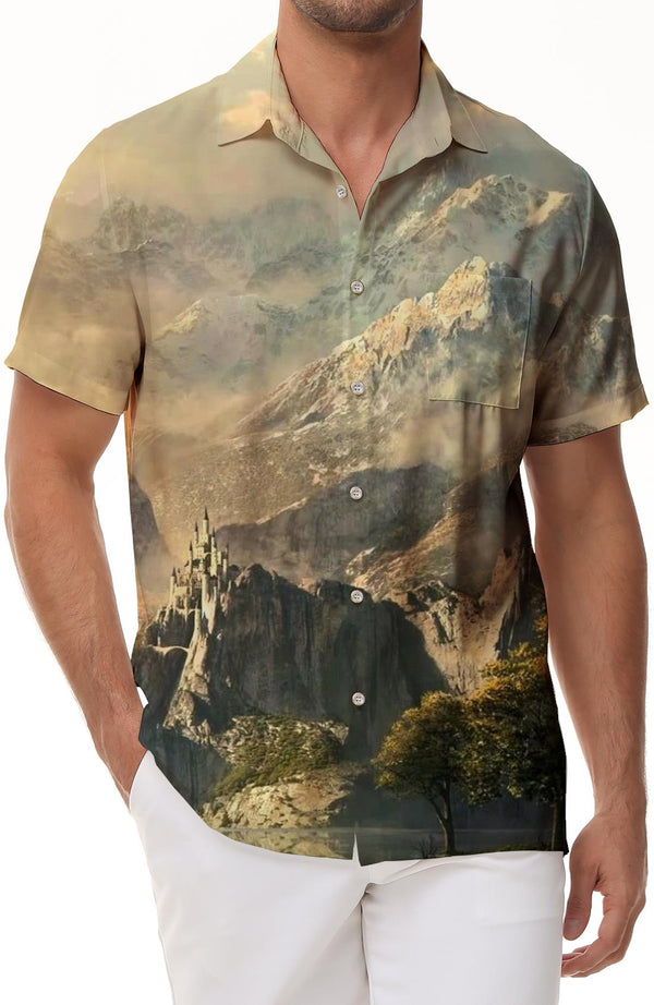 Castle on the cliffs men's shirt button down shirt summer casual short sleeve top suitable for office travel beach