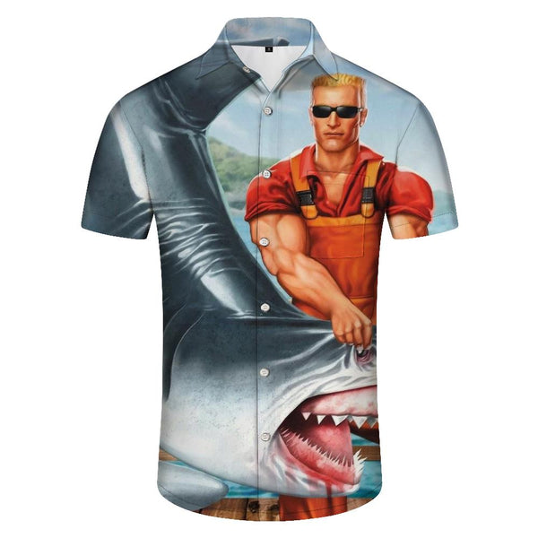 
Muscle Man and Shark Hawaiian Shirt Tropical Men's Casual Short Sleeve Button-up Beach Fashion Simple
                