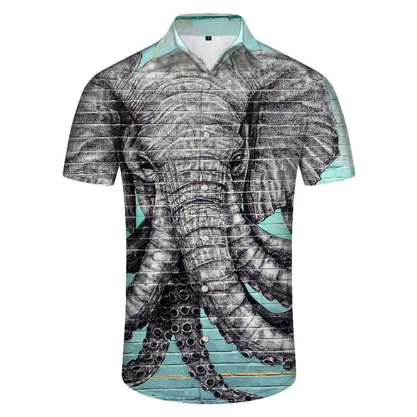 
Gray parasitic abstract elephant digital print Hawaiian button pocket men's casual style travel vacation shirt short sleeve
                