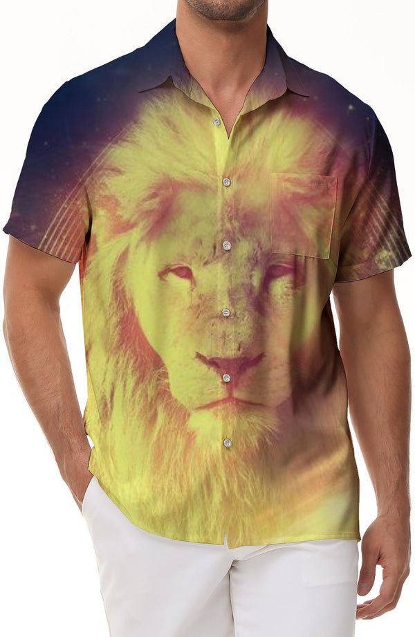 Beach Hawaiian Shirt Lapel Pocket Cool Lion Head Tropical Short Sleeve Button-Up Shirt for Men