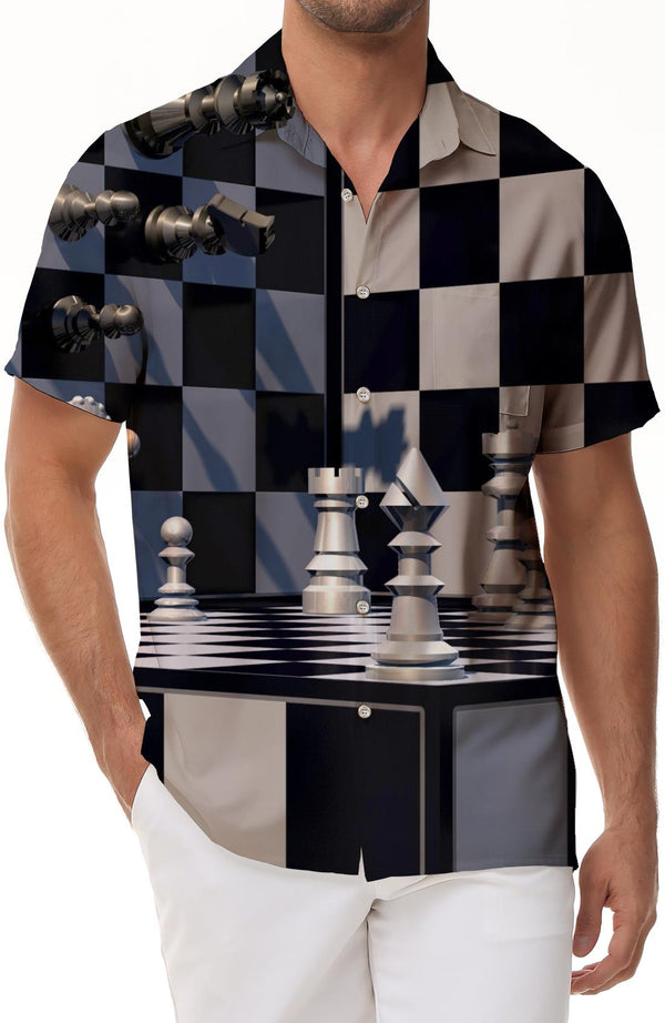 Checkerboard style personality men's casual Hawaiian button print geometric shirt short sleeve beachwear black and white