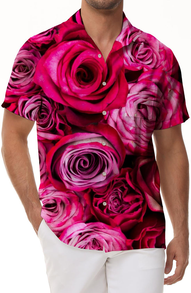 Hot Pink Rose Men's Casual Loose Short Sleeve Shirt Hawaiian Button Lapel Pocket Short Sleeve Shirt Fashion Shirt Button Summer