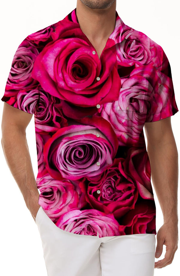 Hot Pink Rose Men's Casual Loose Short Sleeve Shirt Hawaiian Button Lapel Pocket Short Sleeve Shirt Fashion Shirt Button Summer