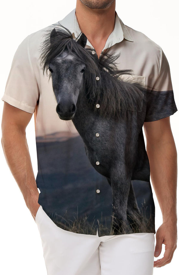 Gray Horse Tamer Button Lapel Pocket Men's Hawaiian Lapel Style Comfort Regular Fit Animal Pattern Short Sleeve Shirt