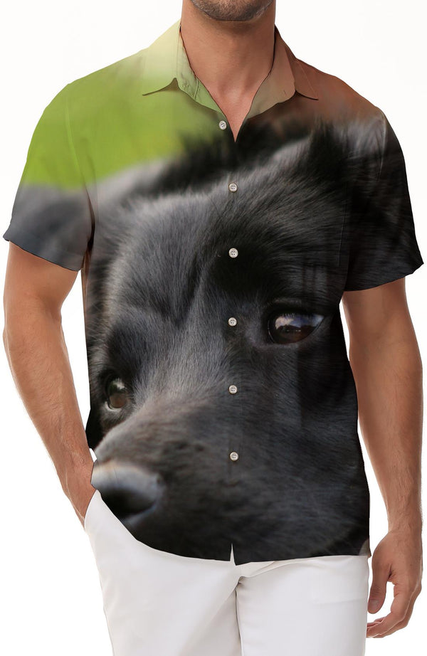 Cute black Labrador retriever men's summer casual loose vacation seaside beach short-sleeved Hawaiian tropical lapel short-sleeved shirt button-down